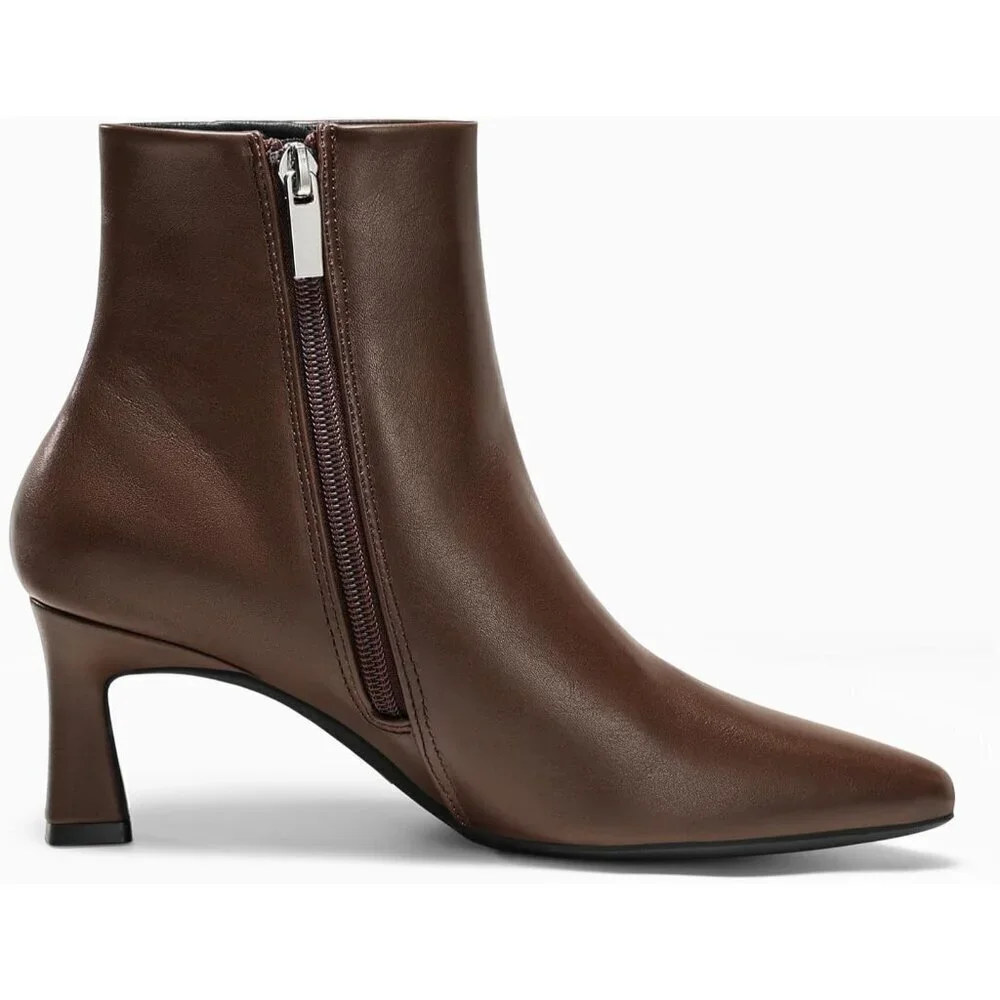 Women Chocolate Brown Ankle Kitten Low Heel Pointed Toe Zipper Winter Dress Boot